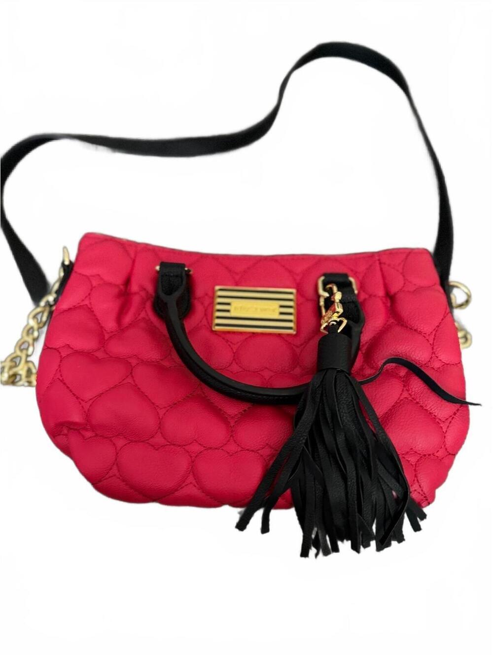 Betsey Johnson Red Heart Quilted Satchel Crossbody Bag Tassel Charm Top Handle